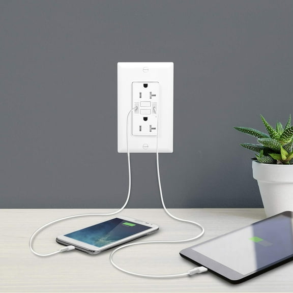 20 Amp GFCI Outlet US Safe GFCI Electrical Receptacle with 2 USB Port with Screwless Wall Plate for Smartphone Tablet