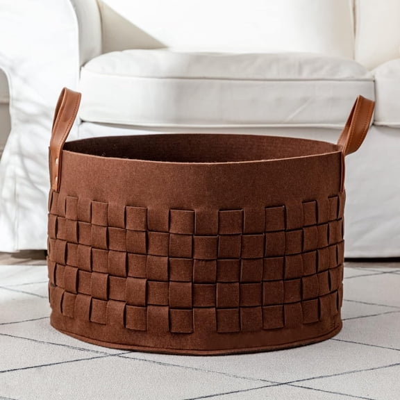 Laundry Basket 20" x20 " x11.8 ", Large Felt Fabric Blanket Basket with Leather Handle, Dirt Clothes Laundry Hamper Round for Babies, Dogs and Living Room-Brown