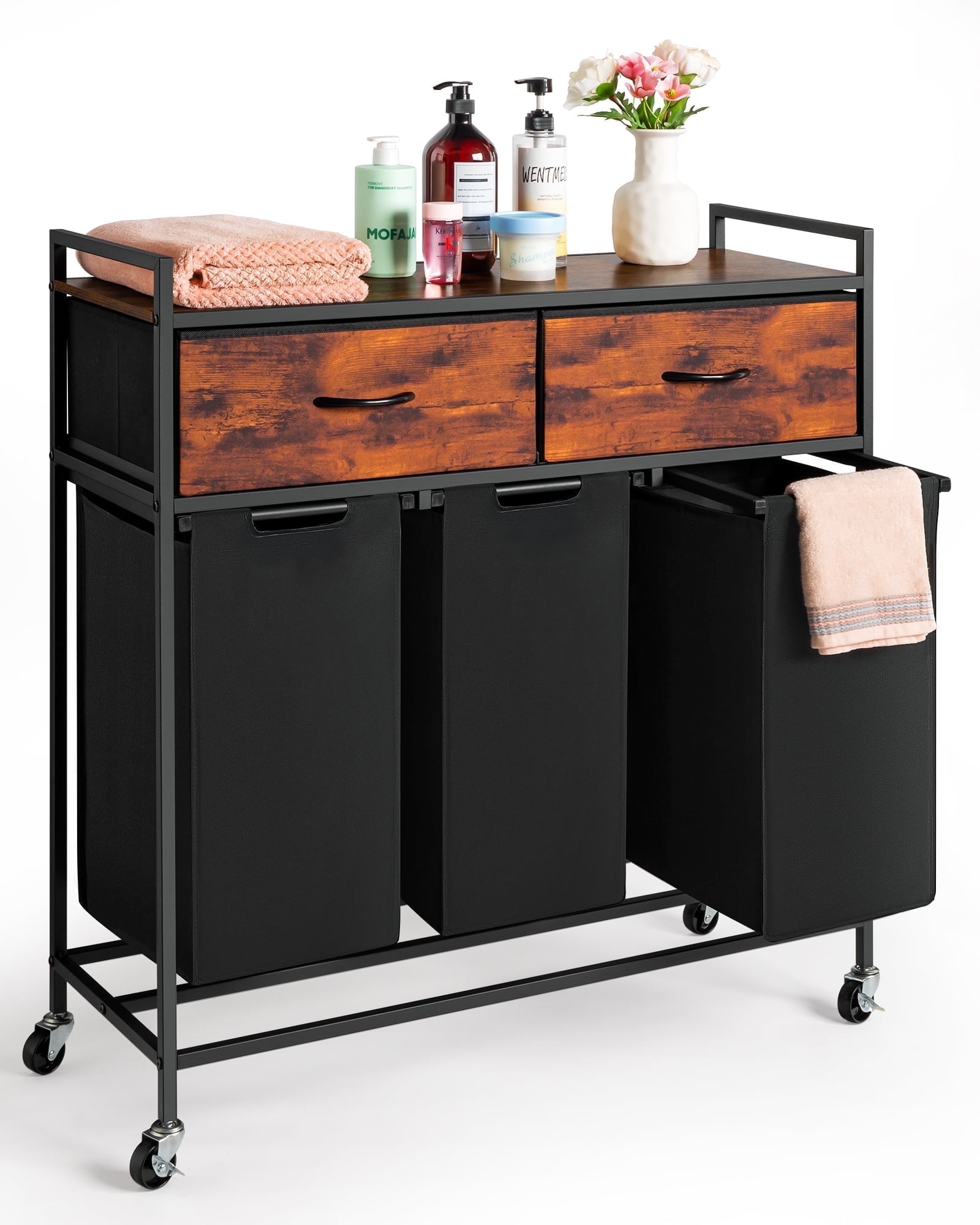 Laundry Basket with 3 Removable Section & 4 Wheels - Hamper with 2 Drawers, Wooden Shelf and Metal Frame Oversize 39"x13"x 37" - for Bathroom, Bedroom, Laundry room