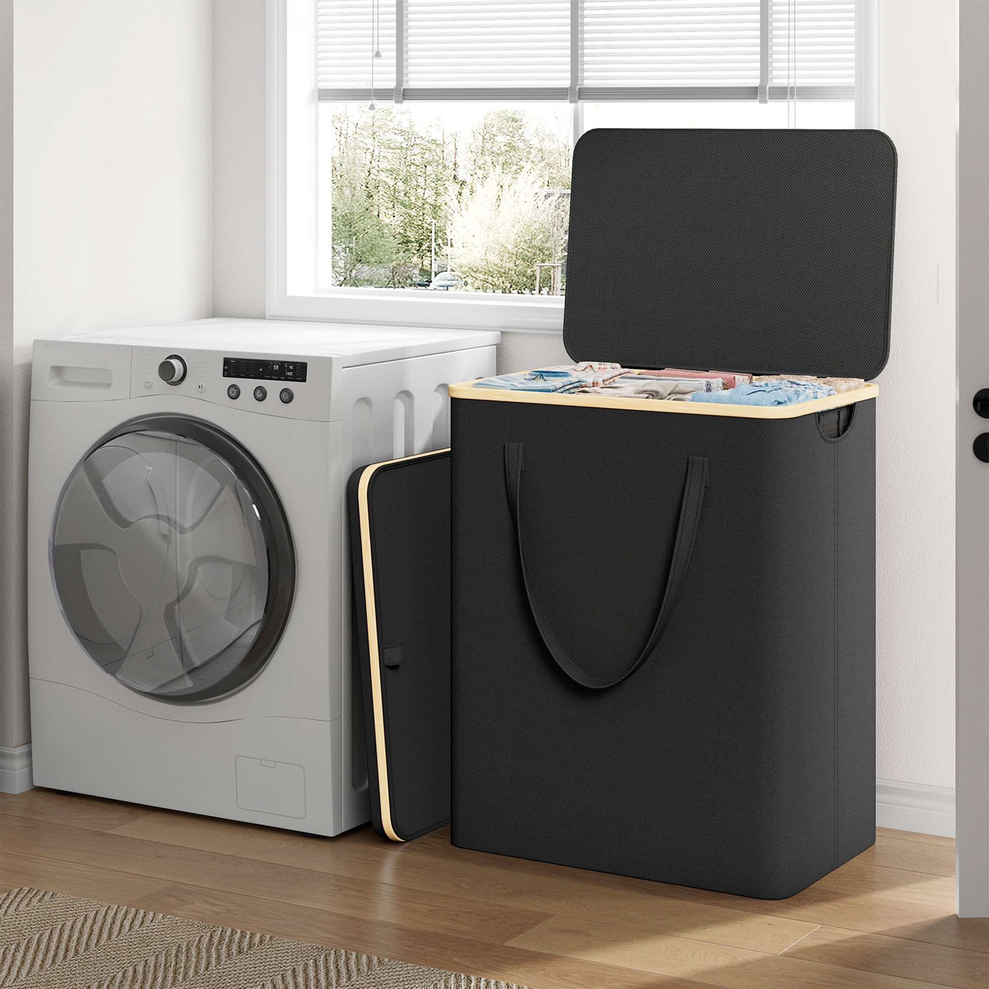 Laundry Basket 3 Section, 170L Clothes Hamper with Lid, Collapsible