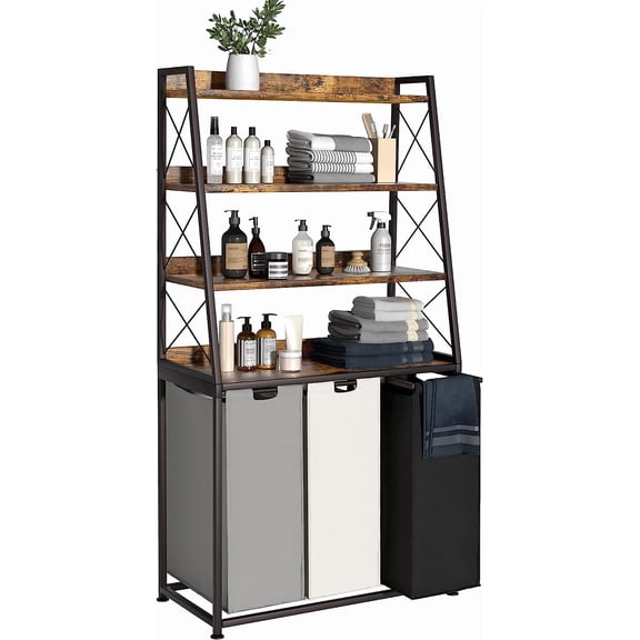 Laundry Basket, 3 Section Laundry Hamper with 4 Tiers Shelf, Pull-Out and Removable Laundry Bags, Large 3 x 15.87 Gallons, for Laundry Room Bathroom Rustic Brown PF05XLN