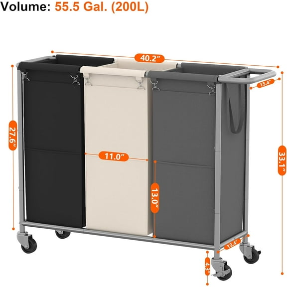 Laundry Basket, 3 x 18.5 Gal Laundry Separator Hamper with Heavy Duty Rolling Wheels, Laundry Divider Sorter with Removable Bags for Dirty Clothes Storage, 40.2 x 15.4 x 33.1 Inches HLH022P03