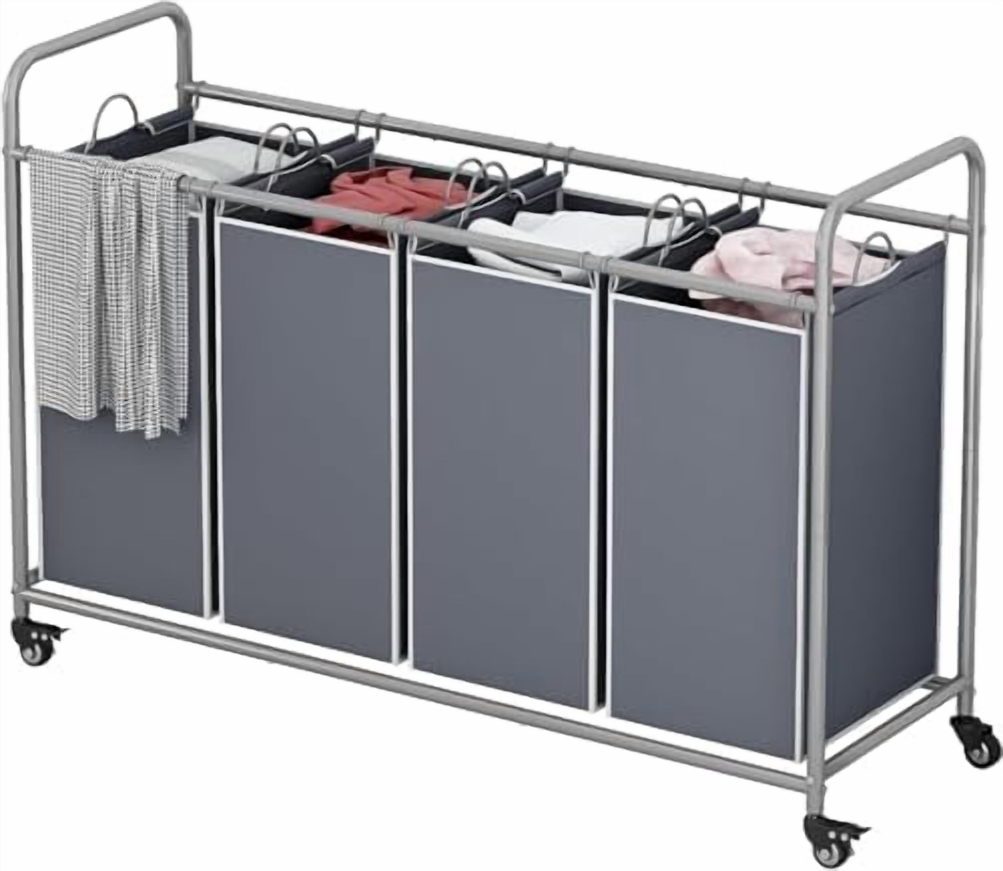 Laundry Basket, 4-Bag Laundry Hamper, Grey Laundry Sorter with Heavy Duty Lockable Rolling Wheels, Laundry Room Organization with Removable Bags Basket Separator for Dirty Clothes Storage