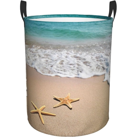 Laundry Basket Beach Starfish Room Decor,Round Laundry Hamper Waterproof Dirty Clothes Hamper Collapsible Laundry Baskets With Handles,Toy/Clothes Storage Beach Towel Basket For Dorm Bathroom Decor