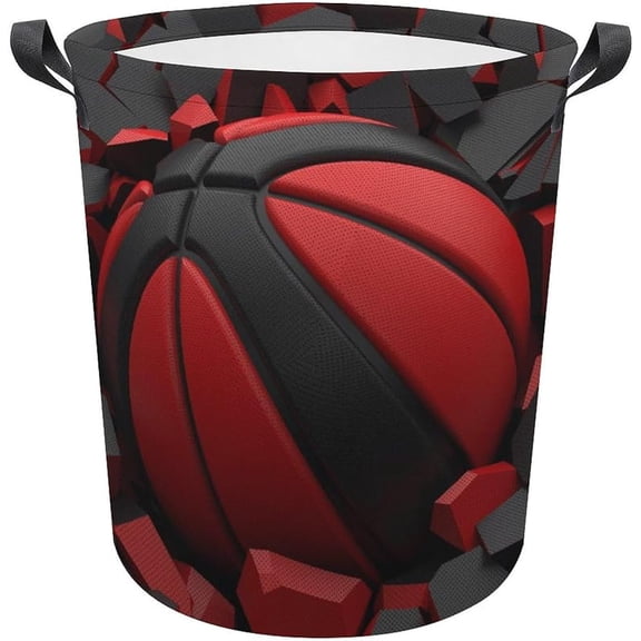 Laundry Basket Black-Red Basketball Waterproof Laundry Hamper with Handles 3D Ball Collapsible Clothes Hamper, Easy Carry for Dorm, Family, Travel