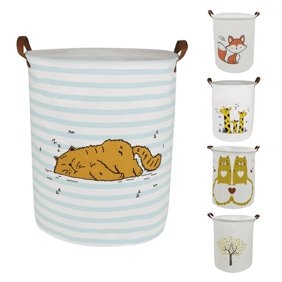Laundry Basket, Collapsible Large Laundry Hamper Waterproof with Leather Handle, Dirty Clothes, Baby Kids Toy Storage Baskets Dorm, Brown Cats