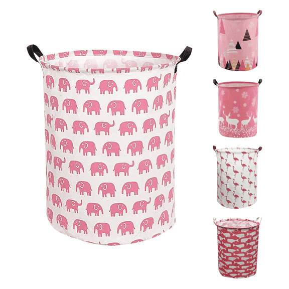 Laundry Basket, Collapsible Large Laundry Hamper Waterproof with Leather Handle, Dirty Clothes, Baby Kids Toy Storage Baskets Dorm - Pink Elephant