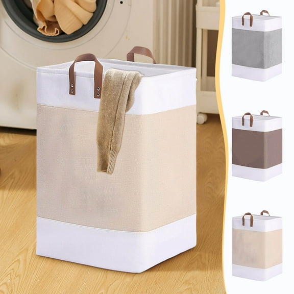 Laundry Basket Foldable Storage Basket Thickened Cotton Linen Leather Handle for Dirty Clothes, Pants, Blankets, Off-white Patchwork, 1 Pc, by Ihhxbs