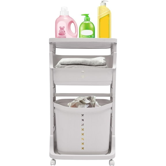 Laundry Basket Hamper 3-Layer Stackable Laundry Basket System Rolling Storage Cart Vertical Laundry Sorter with Wheel for Kitchen Shelf Fruit Stand Clothes Basket (WHite)