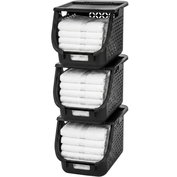 Laundry Basket Hamper, 40L - 3 Pack Stackable Plastic Clothes Sorter Bin with Lids, Open Front, Built-In Handles, Dorm Bedroom Laundry Room, Black