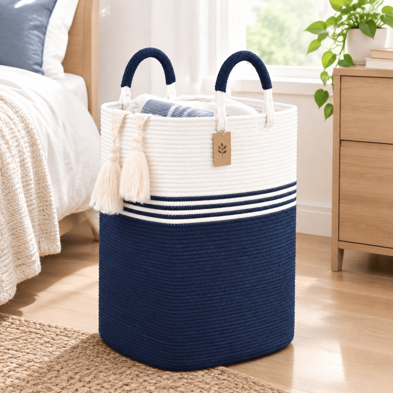 Laundry Basket Hamper, White & Blue, 100L, Swivel Handles, Woven Rope ...