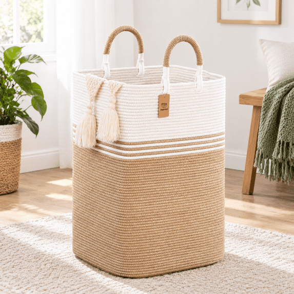 Laundry Basket Hamper, White & Brown, 100L, Woven Rope Storage Bin with ...