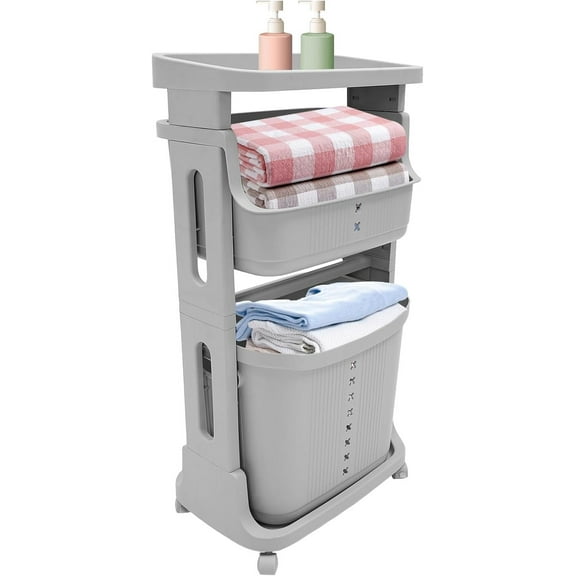Laundry Basket Holder,3-Layer Stackable Laundry Basket System Rolling Storage Cart, Vertical Laundry Sorter with Wheel for Kitchen Shelf,Fruit Stand,Clothes Basket (Grey)