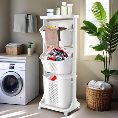 Laundry Basket Holder, 3 Tier Laundry Basket Holder with Wheels, 55.1Lbs Capacity Bathroom Hamper with Storage, PP Household Simple Storage Basket, Clothes Storage Baskets, for Living Room, Bedroom