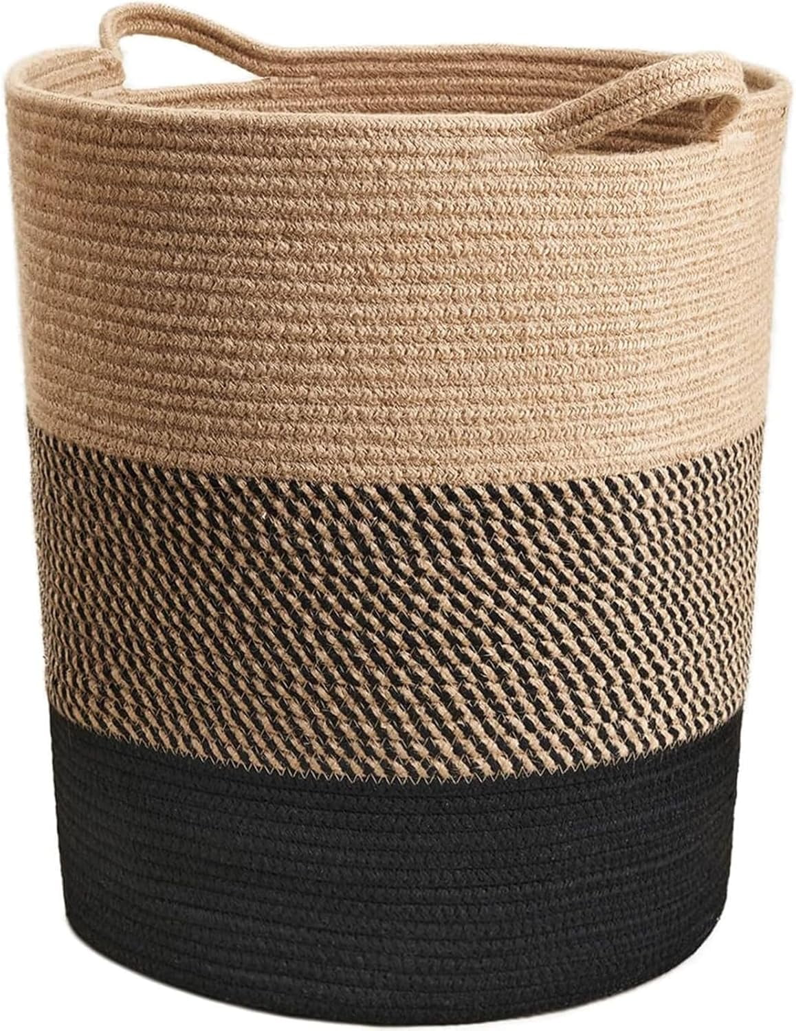 Laundry Basket Large Laundry Hamper, Woven Baskets for Storage, 17.8" x 15.8" x 13.8", Wicker Laundry Basket for Living Room, Dirty Clothes Basket, Baby Hamper for Nursery, Black & Jute