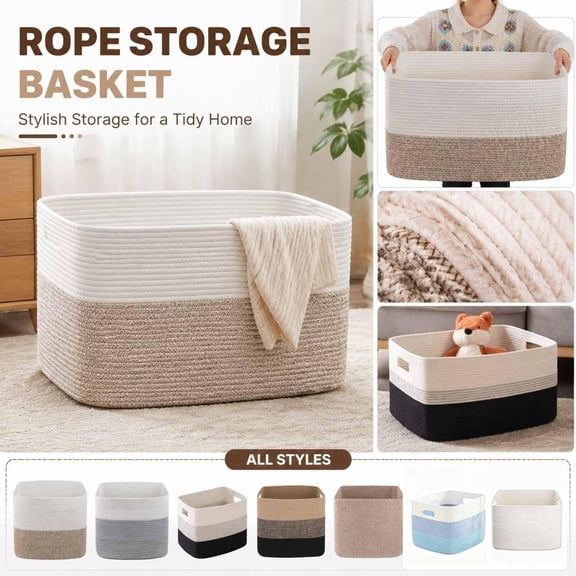Laundry Basket, Large Woven Laundry Basket, Cotton Rope Basket, Laundry Storage Organizer, 22X17X12 in Two-Tone Gradient Woven Design with Integrated Cutout Handles for Easy