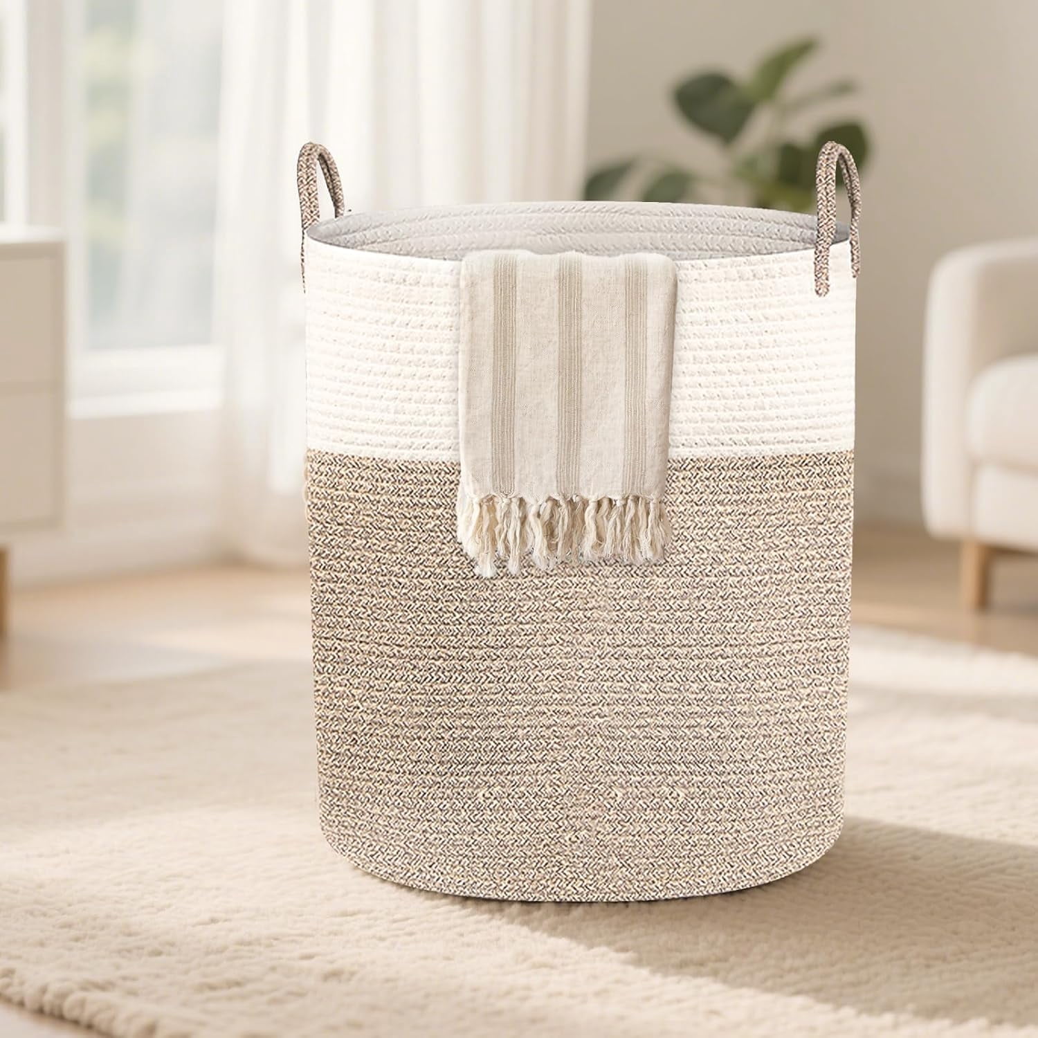 Laundry Basket Large Woven Rope Laundry Hamper 60L Foldable Tall Storage Basket with Handle for Decor Storage of Dirty Clothes Toys and Blankets in Bathroom Bedroom Living Room White & Brown