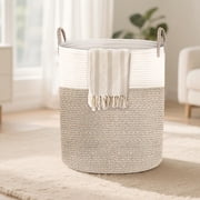 Laundry Basket Large Woven Rope Laundry Hamper 60L Foldable Tall Storage Basket with Handle for Decor Storage of Dirty Clothes Toys and Blankets in Bathroom Bedroom Living Room White & Brown