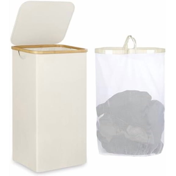 Laundry Basket with Lid, 110L Large Laundry Hamper with Handle and Lid, Collapsible Clothes Basket Organizer with Removable Inner Bag for Clothes Toys Towels - Beige