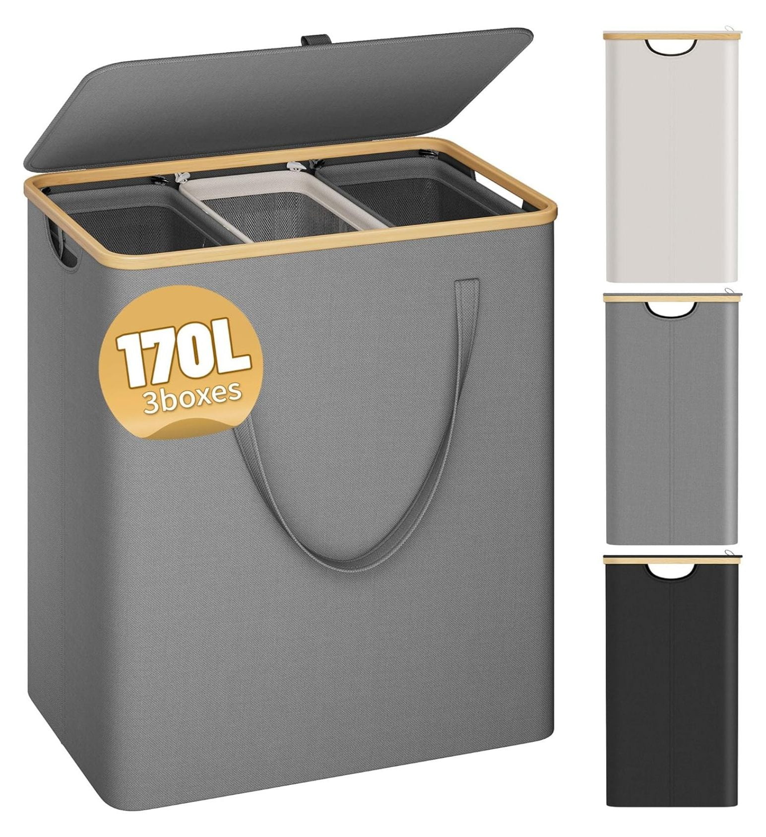 Laundry Basket with Lid, 170L Laundry Hamper 3 Section Clothes Hamper ...
