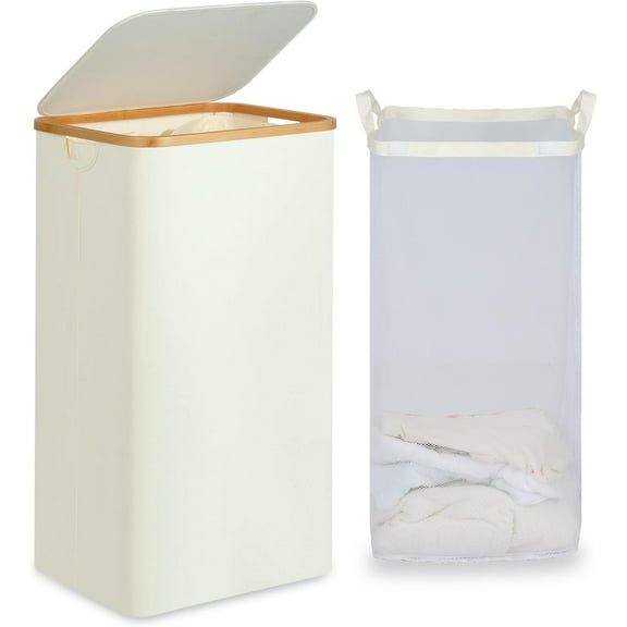 MY Laundry Basket with Lid and Removable Bag, 100L Tall Laundry Hamper with Bamboo Handles, Aesthetic Dirty Clothes Bin for Laundry Room, Bathroom, Bedroom and Dorm, Beige