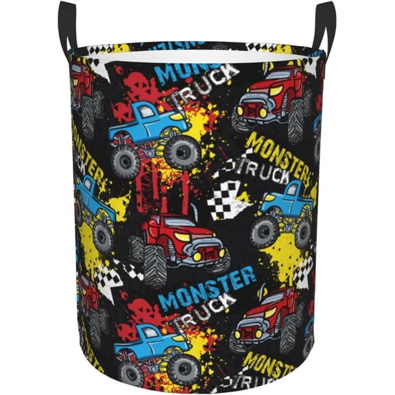 Laundry Basket Monster Truck Room Decor,Round Laundry Hamper Waterproof Dirty Clothes Hamper Collapsible Laundry Baskets With Handles,Toy/Clothes Storage Basket For Home Dorm Bathroom Decor