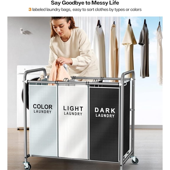 Laundry Basket Organizer: 3-Section Laundry Sorter Cart with Heavy-Duty Lockable Wheels & Removable Bags | 130L Rolling Clothes Hamper for Small Spaces & Busy Families (Multicolor)