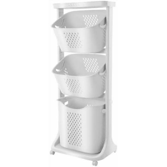 3-Tier Laundry Cart with Wheels, White Multi-Functional Storage Organizer for Bathroom, Bedroom and Laundry Room, Includes Large & Small Baskets$$Home Decor, Kitchen, & Other