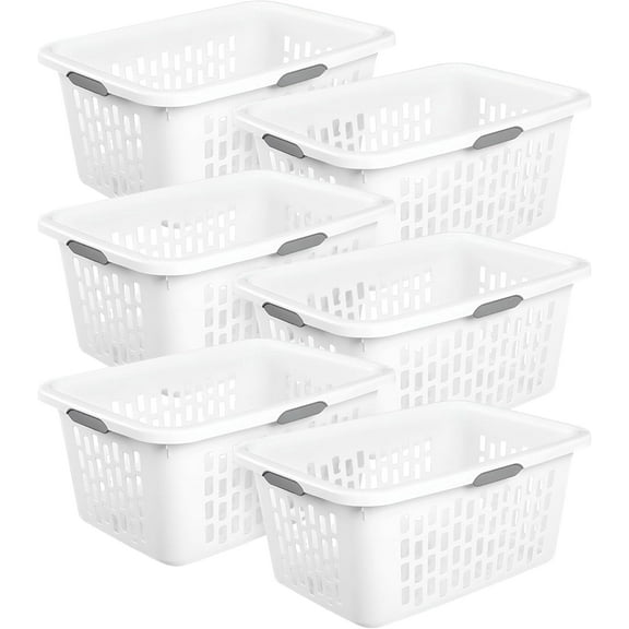 Laundry Basket, Plastic Clothes Hamper, Large Rectangle Bin with Comfort Grip Handles and Reinforced Rim, 2 Bushel Capacity, White, 6 Pack