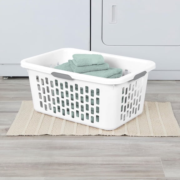 Laundry Basket, Plastic Clothes Hamper, Large Rectangle Bin with Comfort Grip Handles and Reinforced Rim, 2 Bushel Capacity, White, 6 Pack