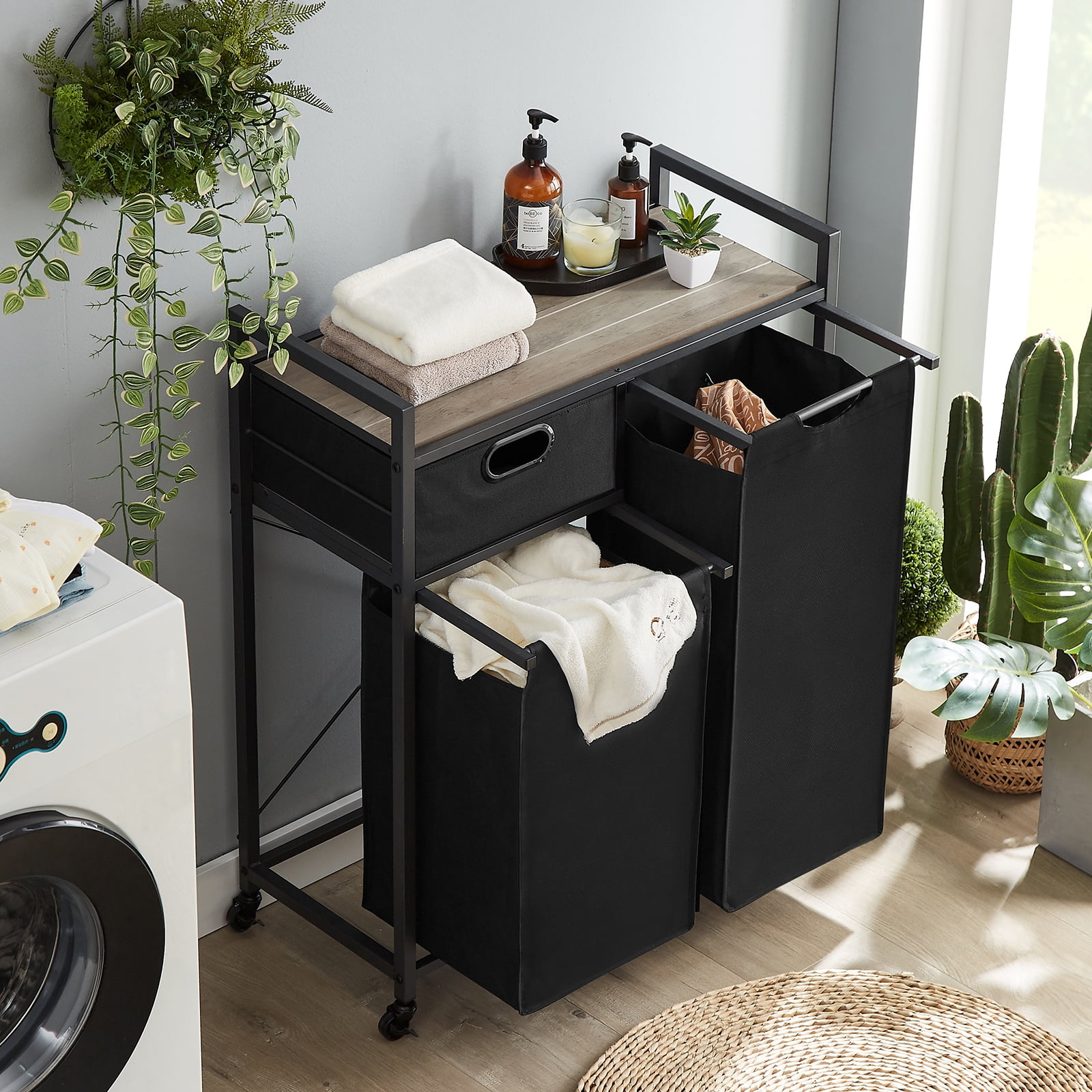 Laundry Basket, PullOut Laundry Hamper With Wheels, 3Section Laundry Organizer Sorter Cart