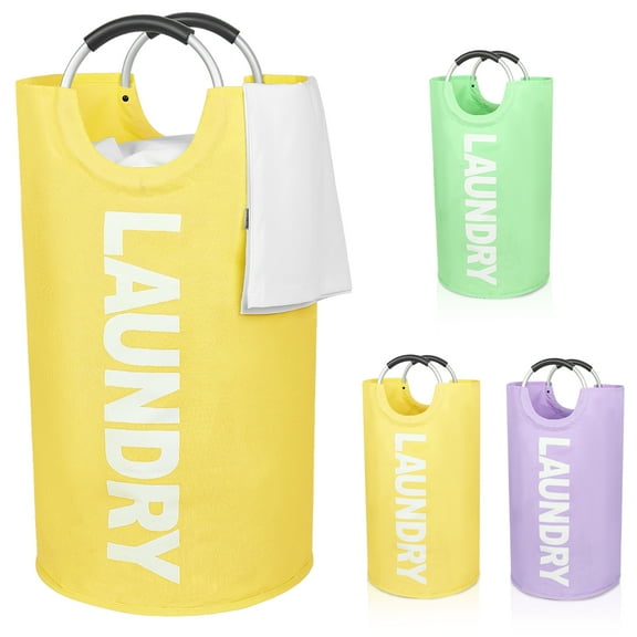 Laundry Basket, Roiroiko Waterproof 115L Large Collapsible Fabric Laundry Hamper, Foldable Clothes Storage Washing Bag Washing Bin with Alloy Handles for College Bathroom Travel (Yellow, XL)