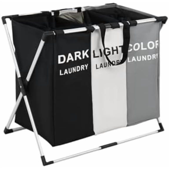 Laundry Basket Sorter, 3-Section Laundry Basket Organizer, Foldable Hamper/Sorter with Waterproof Oxford Bags and Aluminum Frame, Laundry Hamper suitable for laundry rooms (25.79x15.55x23.62 in)