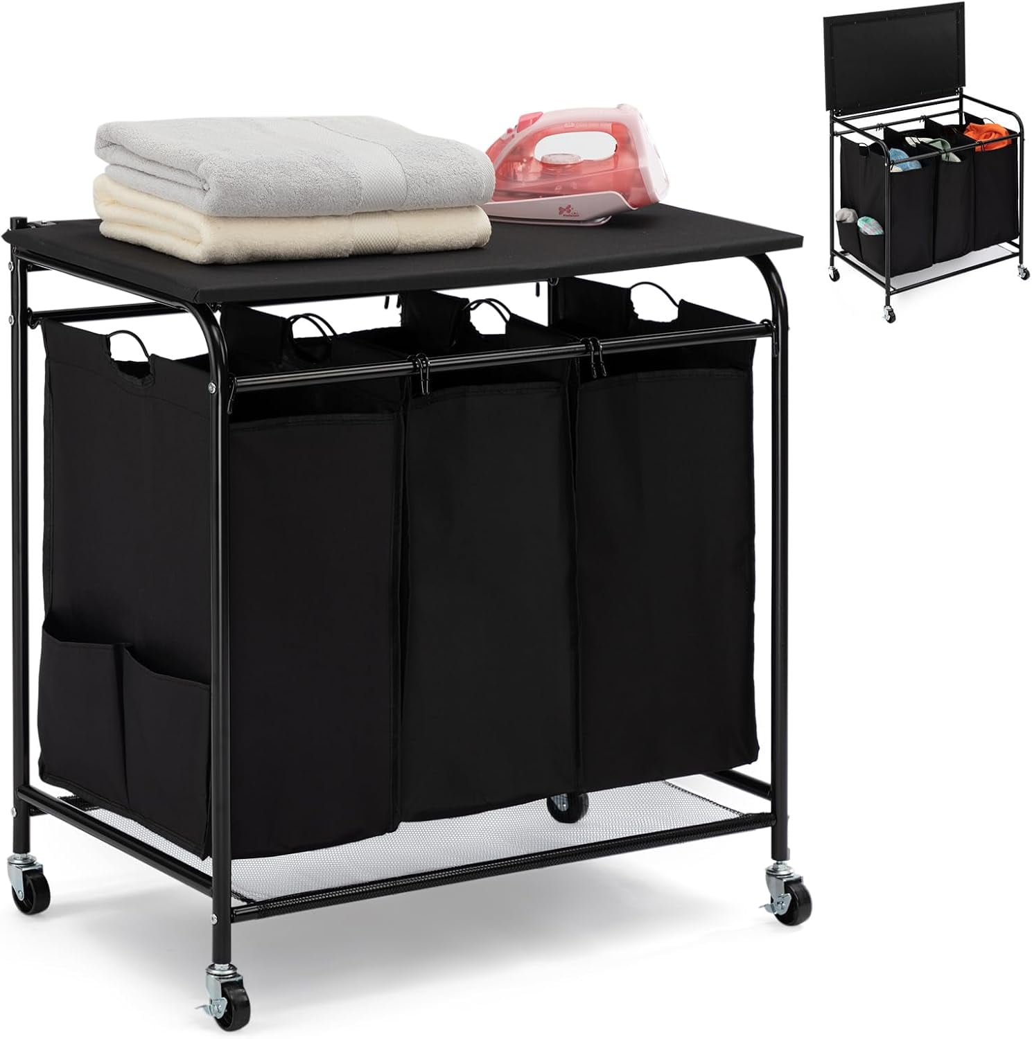 Laundry Basket Sorter with Ironing Board and 4 Wheels,Laundry Hamper with Sturdy Bags for