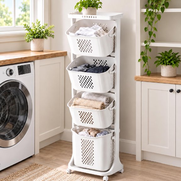 Laundry Basket Storage Rack – Wheeled vertical laundry sorting rack; detachable and stackable household laundry sorting baskets.
