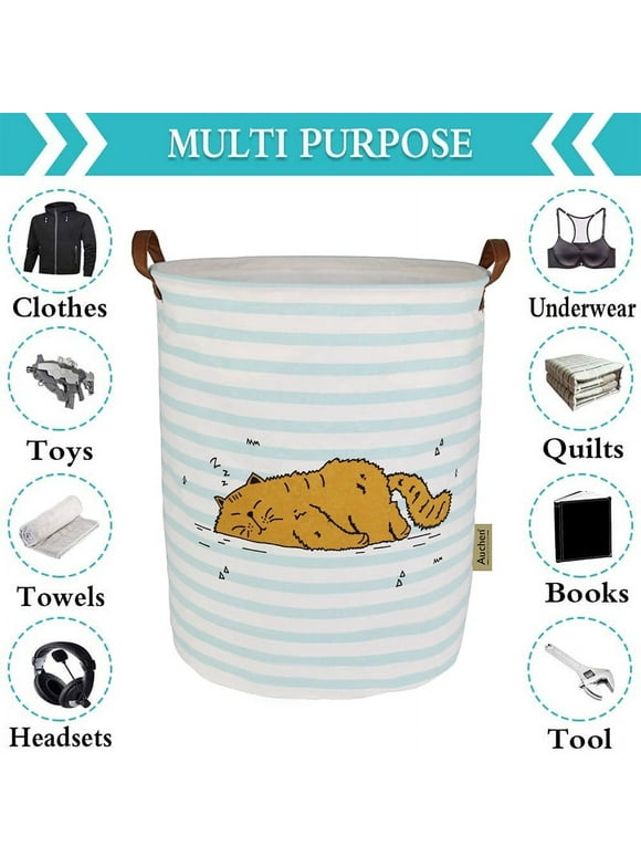 Laundry Basket with Strong Handles - Waterproof Dirty Clothes Laundry Basket, Collapsible & Convenient Home Organizer Containers for Kids Toys, Baby Clothing ( Brown Cat )
