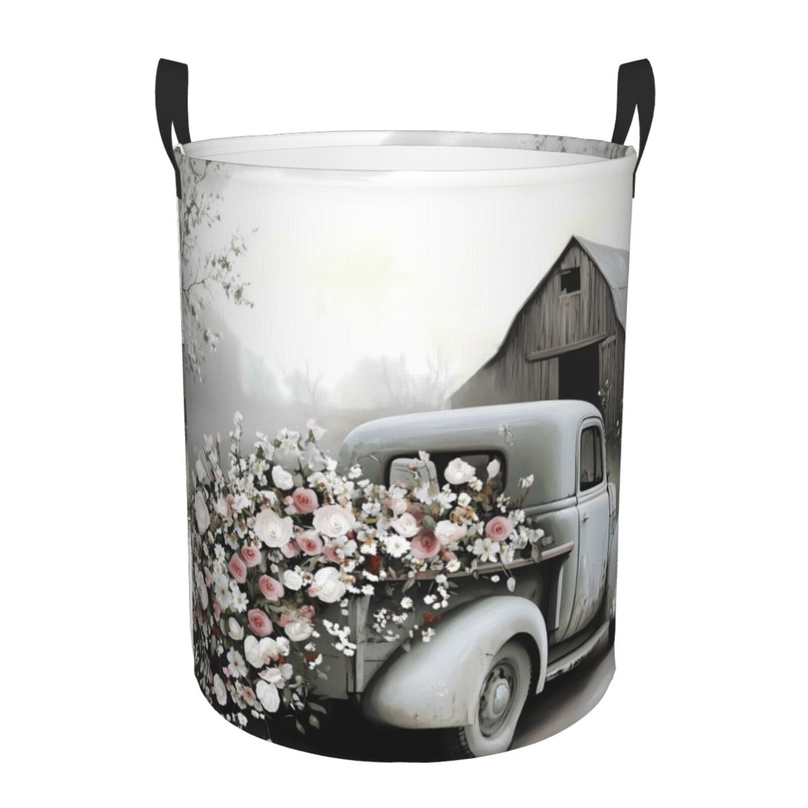 Grey Vintage Floral Print Laundry Basket