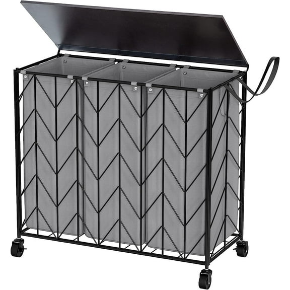 Laundry Basket with Wheels, 142L Hamper 3 Section with Lid, Dirty Clothes Hamper with Removable Bags, Large Capacity Iron-Made Organizer Laundry Sorter for Dorm, Grey