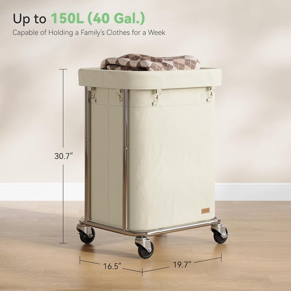 Laundry Basket with Wheels 150L/40Gal, Rolling Laundry Hamper with Steel and Removable Washing Bag,Laundry Sorter Cart for Laundry Room,Hotel,Dorm,Cream and Silver