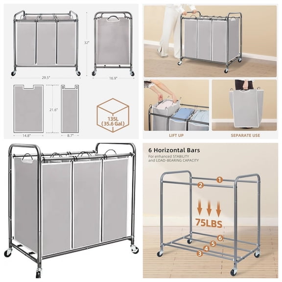 Laundry Basket with Wheels, 2-Section Rolling Laundry Hamper, 37 Gallons (140 L), Removable Liner, Steel Frame with Handle, 27.2 x 15.4 x 31.9 Inches, Cream White URLS004W01