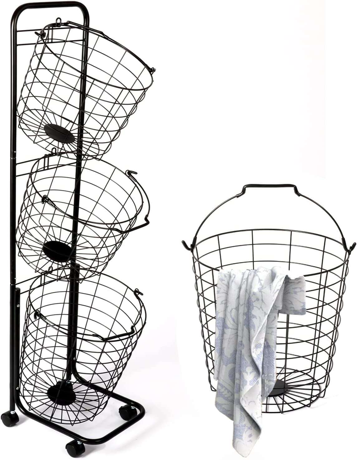 Laundry Basket with Wheels 3 Tier Clothes Sorting Storage Trolley with Removable Wire Basket