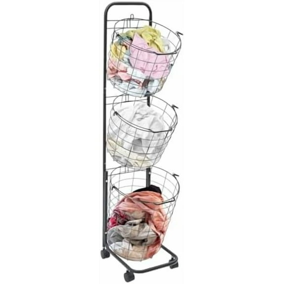 Laundry Basket on Wheels, 3 Tier Large Laundry Hampers, Rolling Stackable Storage Laundry Cart with Removable Wire Organizer Baskets Clothing Sorting Laundry Baskets