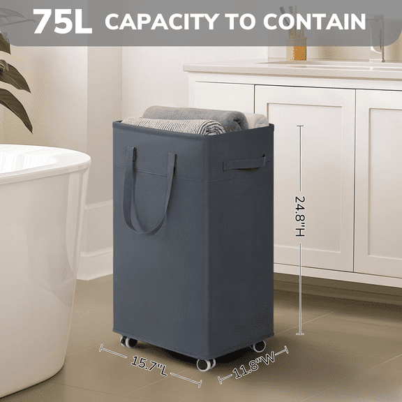 Laundry Basket with Wheels, 75L Laundry Hamper, Dorm Room Essentials with Removable Wash Bag for Laundry Room, Rolling Laundry Basket with Handles, Grey