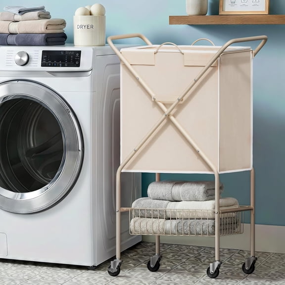Laundry Basket with Wheels:88L Rolling Laundry Cart Foldable Metal Frame Dirty Clothes Laundry Hamper 36"H 4 Caster 2 Brake Waterproof Removable Liner Carry Handle for Dorm Laundry Room,Cream