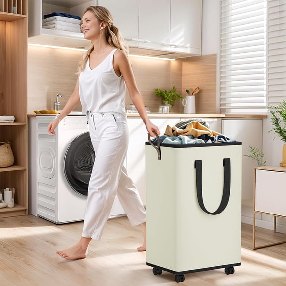 Laundry Basket with Wheels, Collapsible Laundry Baskets, Laundry Hamper with Handles Detachable Wheels, Rolling Laundry Basket, Dirty Clothes Hamper for Bathroom, Dorm, Bedroom, Cream, 100L