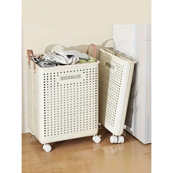 Laundry Basket with Wheels and Handle, Large Durable Foldable Roller Storage Bin with Air Holes, Portable Commercial Laundry Hamper for Clothes, Snacks, Toys