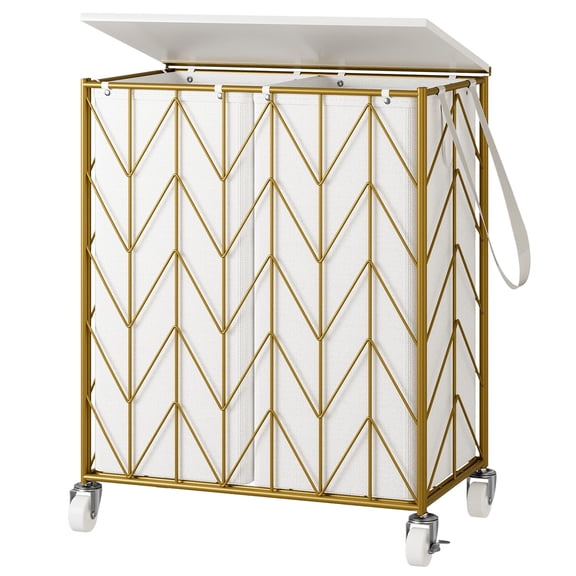 Laundry Basket with Wheels, Heavy Duty Laundry Hamper with Wood Lid, Clothes Hamper with Divided Removable Liner Bag, Large Capacity Iron-Made Laundry Sorter Laundry Room Organization (Beige)