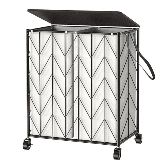 Laundry Basket with Wheels, Heavy Duty Laundry Hamper with Wood Lid, Clothes Hamper with Divided Removable Liner Bag, Large Capacity Iron-Made Laundry Sorter Laundry Room Organization (Beige)