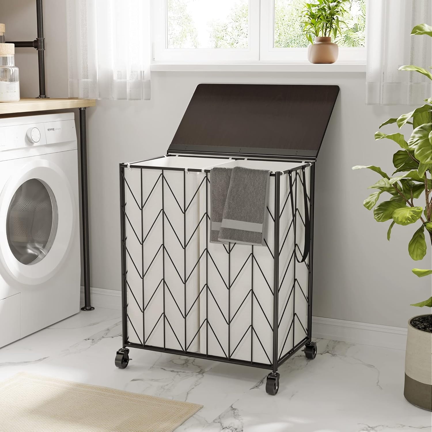 Laundry Basket with Wheels, Heavy Duty Laundry Hamper with Wood Lid, Clothes Hamper with Divided Removable Liner Bag, Large Capacity Iron-Made Laundry Sorter Laundry Room Organization (Beige)