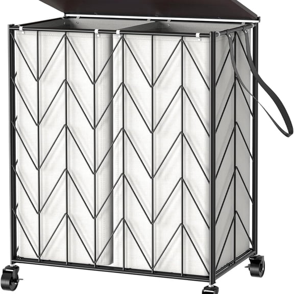 Laundry Basket with Wheels, Laundry Hamper with Lid, Clothes Hamper with Divided Removable Liner Bag, Large Capacity Iron-Made Laundry Sorter Laundry Room Organization (Beige)